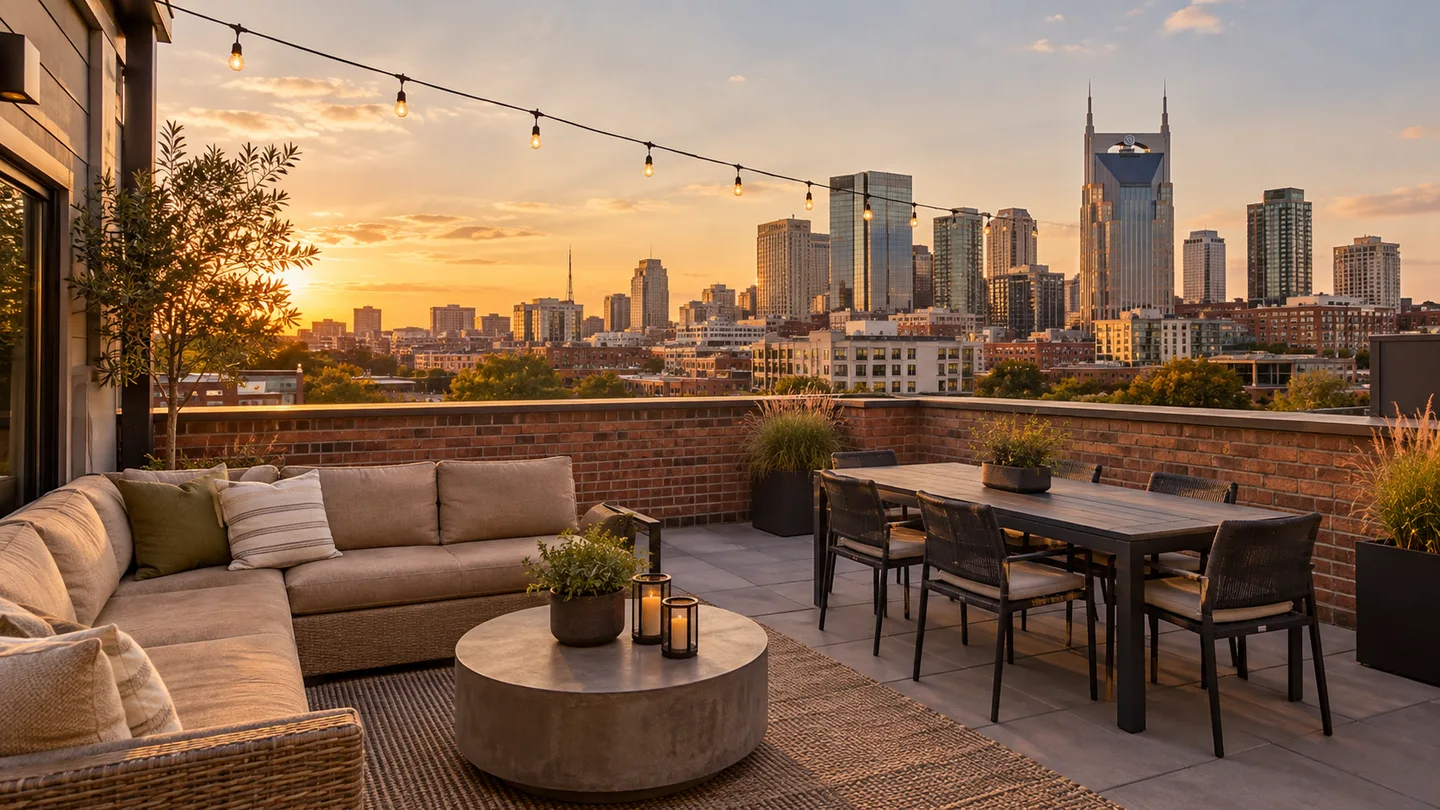 Illustrative Nashville urban rooftop and skyline for the October STR guide