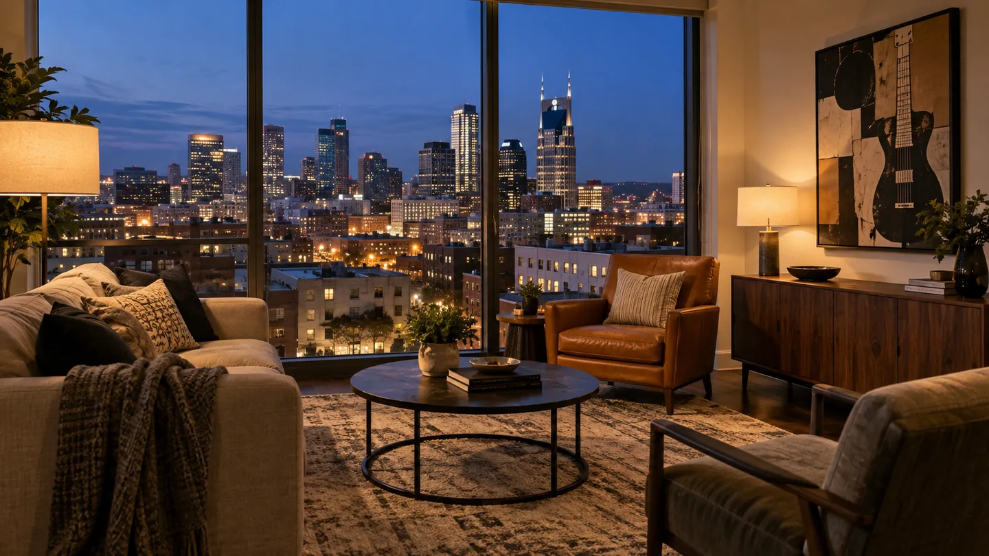 Illustrative Nashville STR living room with a skyline view, leather seating and guitar artwork