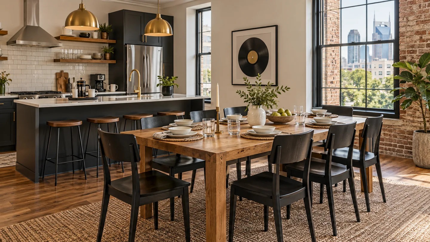Illustrative Nashville STR kitchen and dining space with a long table and warm music-themed accents