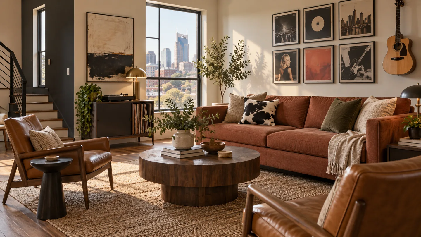 Illustrative Nashville STR living room with a terracotta sofa, leather chairs and music-inspired decor