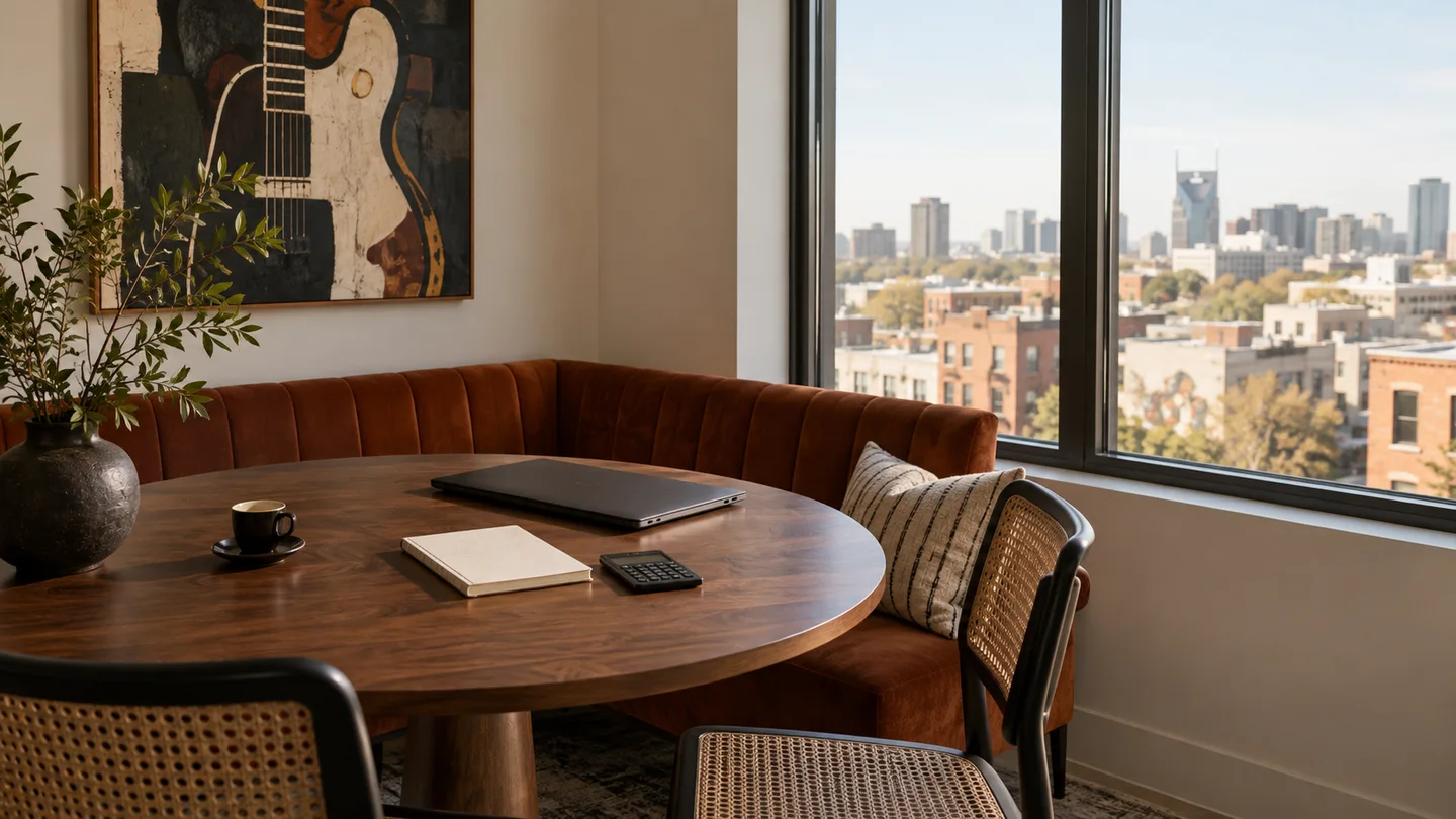 Editorial illustration of a Nashville rental's walnut table with a laptop, notebook and calculator.