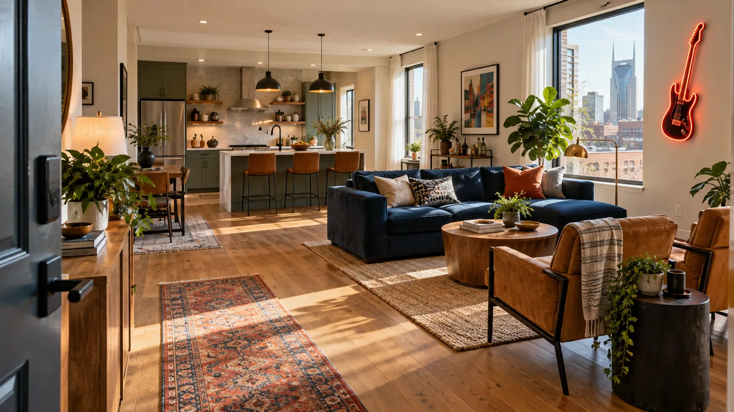 Illustrative music-themed Nashville STR interior with a clear view through adjoining guest spaces