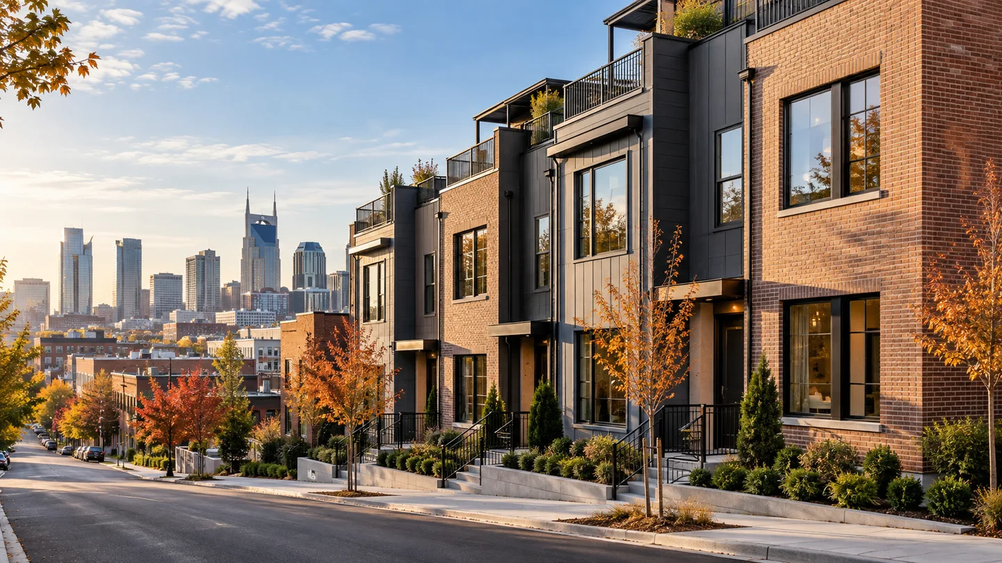Illustrative row of Nashville urban townhomes with rooftop terraces and a distant skyline