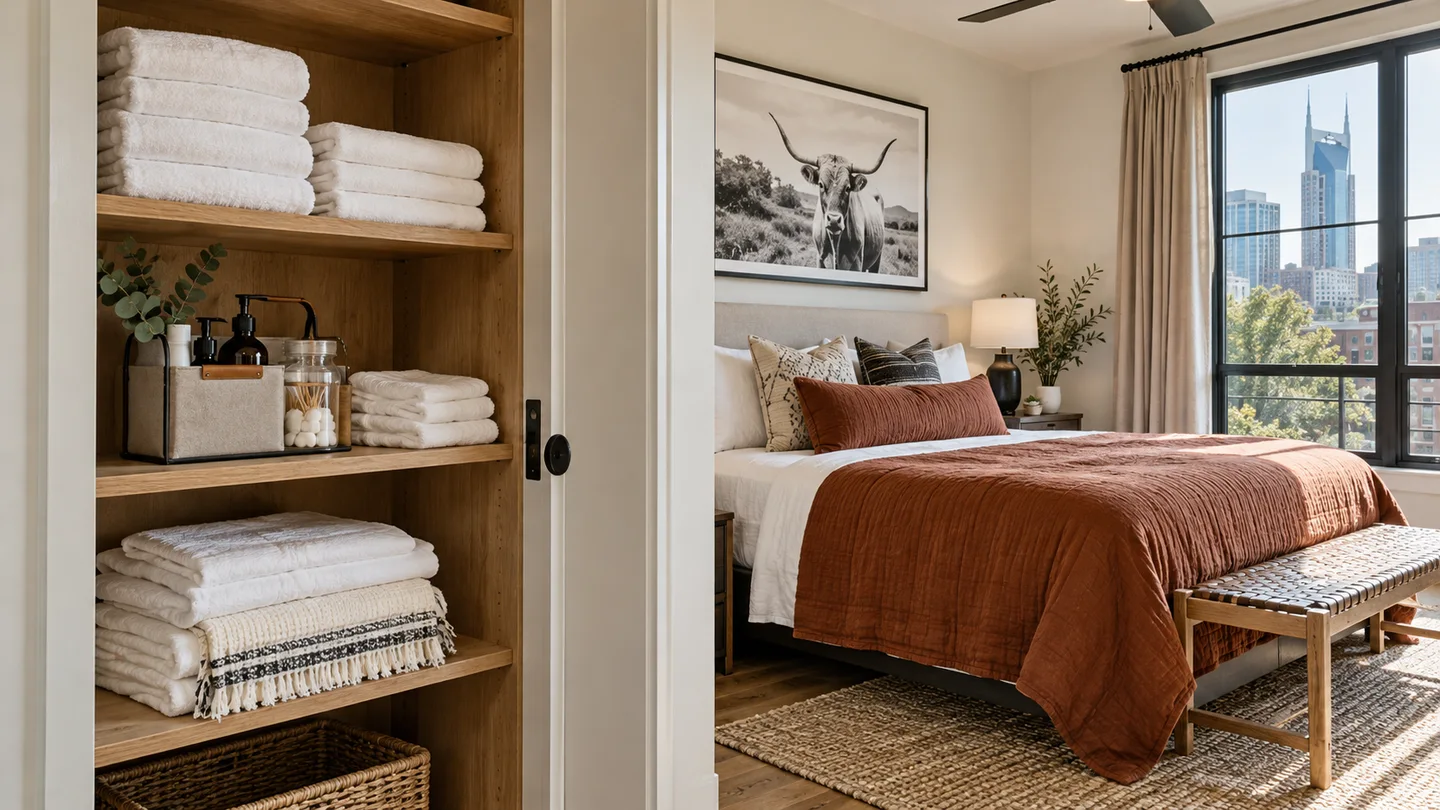 Illustrative Nashville STR bedroom with a made bed and neatly organized clean linens