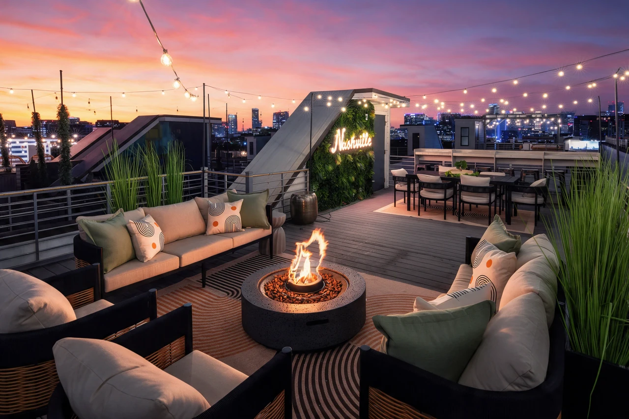 Nashville rooftop lounge with a fire pit and string lights at sunset