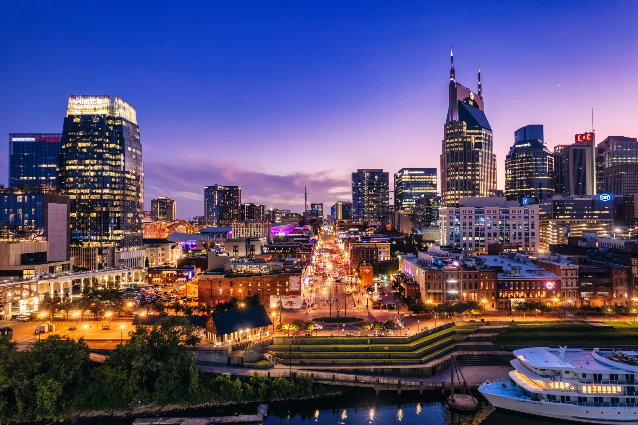 Downtown Nashville skyline and Broadway at dusk